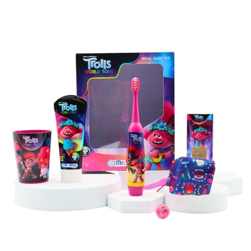 Trolls Kids Oral Care Kit Gift Set Contains Battery Powered Electric Toothbrush with Soft Bristles, Mint Flavour Toothpaste, Multi-Purpose Beaker, Headband and Glittering Finger Ring for Ages 4+