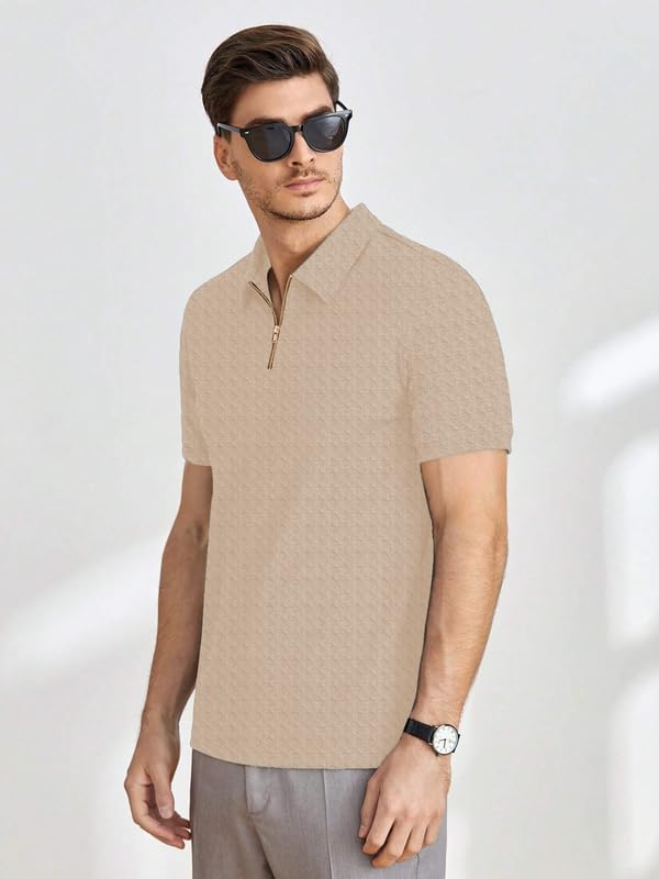 Image of KAJARU Men's Polyster Blend Regular Fit T-Shirt with Half Sleeve Chain Polo Collar V-Neck Standard Length and Classic Style