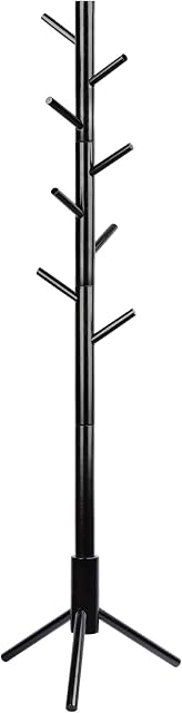 SEANTUA Wooden Coat Rack Free Standing Coat Tree with 8 Hooks, 3 Adjustable Sizes, Entryway Coat Stand Coat Hanger for Handbags Clothes & Accessories Hats, NO Tools Required (Black)