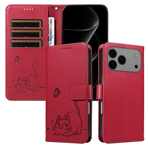Housse iPhone 15 Pro Max rouge étui protection intégrale cuir chat