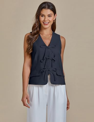 luvamia Linen Vest for Women Trendy Sleeveless Tie Front Tops Summer Casual Top Waistcoat Suit Vests with Pockets4