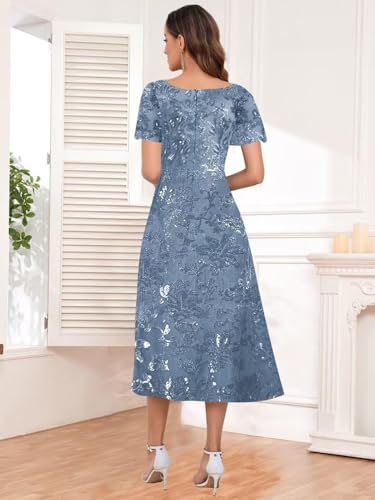 Clixsy Mother of The Bride Dresses - Short Flutter Sleeve Tea Length Evening Dress3