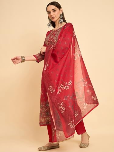 Image of SheWill Kurta Sets for Women - Red Rayon Aari Hand Work with Digital Floral Print Kurta with Pant and Chanderi Dupatta |Stylish Printed Summer Kurti Set