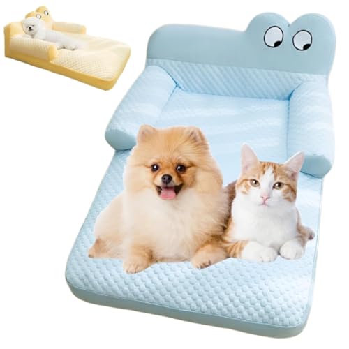 ペットベッド 犬 ひんやりマット 枕付き 冷感 猫 犬 クッション 冷却マット 夏 通気性 取り外し可能 洗える犬用クールソファ ベッド 猫ベッド夏用 涼感 軽量 ソフト 滑り止め 丸洗い 快適性 暑さ対策 小型犬 中型犬 猫 (ブルー, L)