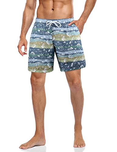 unitop Men's Surf Shorts with Mesh Lining Elastic Waistband Printed Beach Swimming Trunks Dinosaur 28
