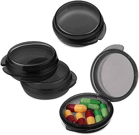 WLLHYF Small Pill Box, Cute Pill Case Portable for Pocket Purse Daily Round Mini Pill Organizer Travel Pill Case Medicine Storage Container Earplug Case 4 Pack (4pcs-Black)