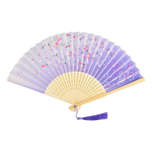 KEYIDO Violet Eventail Japonais Éventail Solide Bois Éventails Tissu Soie Evantail Bambou Chinois Evantaille Plié avec Frange Style pour Femme Mariage Été Enfant Fille Homme