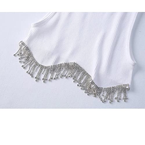 Safrisior Women Rhinestone Trim Sleeveless Cropped Top Vest Crew Neck Rib Knit Crop Tank Top With Rhinestone Tassel White #TOP4