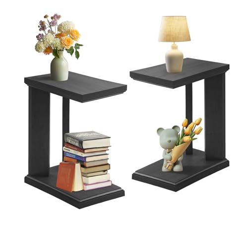 C Shaped End Table Set of 2, 23.2” in Height Wooden Living Room Couch Side Table, Modern Nightstand for Bedroom, Apartment, Home Office, Hallway (Dark Grey)