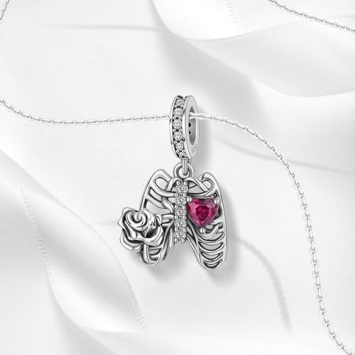 Image of ARTCHARM Rib Rose Charm 925 Sterling Silver with Zircon fit Bracelets Charms,Christmas Valentine Mother's Day Gift for Women