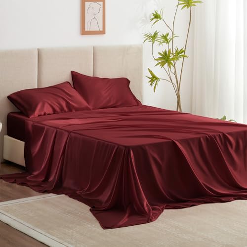 Love's cabin 4Piece California King Satin Bed Linen Set, Burgundy Silky Satin Sheets, Deep Pocket, Luxury Silk Feel, 1 Flat, 1 Fitted Sheet, 2 Pillow Cases