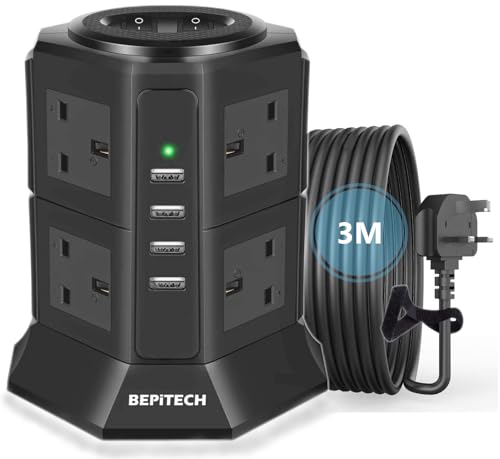 BEPiTECH 12-in-1 Power Tower Extension Cord with 3M Cable, 8 UK-UAE Sockets, 4 USB-A 22W Charging Ports, Surge-Protected Extension Lead, Power Outlet Strip for Large Plugs, Ideal for Office & Home