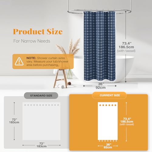 Image of BTTN Boho Shower Stall Curtain - 36x72 Narrow Linen Ultra Thick Tassel Fabric Cloth Shower Curtain Set with 6 Plastic Hooks, Half RV Modern Farmhouse Country Shower Curtains for Bathroom, Navy Blue