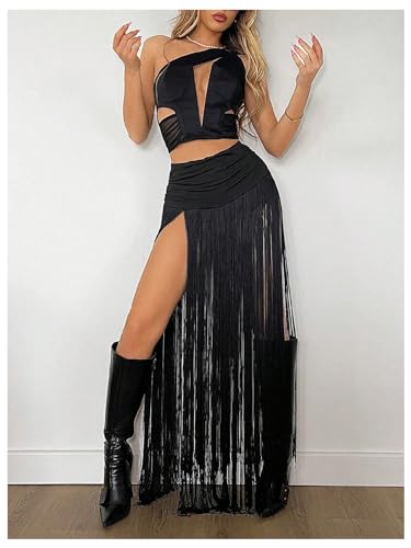 Floerns Women's Y2k Long Pants Low Waist Fringe Trim Trousers Western Concert Outfit4