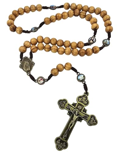 TALISMAN4U Wood Rosary Beads Catholic Necklace 12 Apostles Crucifix Large Bronze Cross Immaculate Heart of Mary Jesus Sacred Medals Handmade Wooden Rosaries for Men Gift Box & Prayer Card2