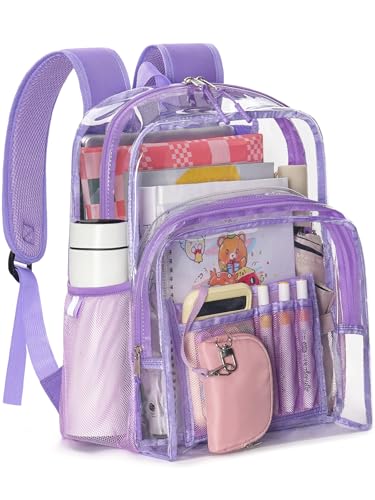 Image of Clear Backpack for School, 17 inch Large Heavy Duty-TPU See Through Bookbag for Boys Girls and Adult, Transparent Backpack With Multi-Pockets for College Work Gym Sport, Light Purple