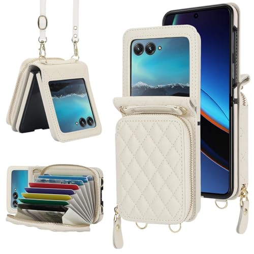 Étui Motorola Razr 2023 beige anti-chute en cuir souple avec sangle