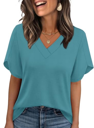 Image of WIHOLL Womens Summer Tops Short Petal Sleeve Shirts Fashion V Neck Womens Clothing