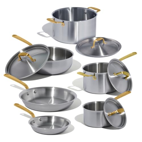 Image of Made In Cookware - 10 Piece Stainless Steel Pot and Pan Set (Antique Brass) - 5 Ply Clad - Includes Stainless Steel Frying Pans, Saucepans, Saucier and Stock Pot W /Lid - Crafted in Italy