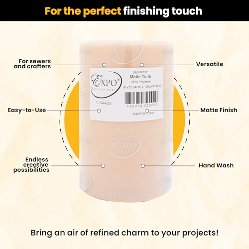 Image of Expo International Decorative Matte Tulle, Roll /Spool of 6 inch X 100 Yards, Lightweight Polyester Tulle Fabric for Tutus, Costumes, and Party Decorations, Washable, Easy-to-Use, Beige