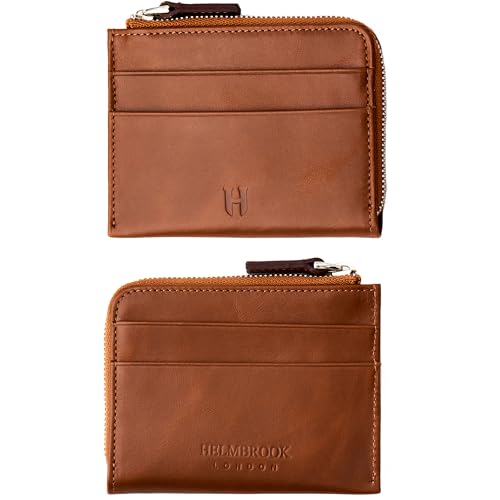 HELMBROOK London RFID Blocking Zipper Wallet, Slim Business Card Holder, Men & Women, Handcrafted Full-Grain Leather, Gift Box & Pouch, Christmas & Birthday, Tan