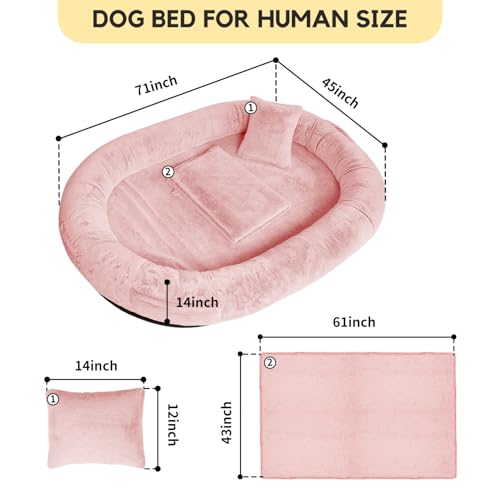 FURRYFECTION Hundebett für Menschen, 180x114x35,6cm großes Hundebett in Menschengröße für Erwachsene und Haustiere, waschbarer Kunstfellbezug, riesiges Nickerchenbett mit Decke und Kissen