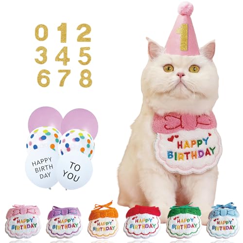 PAONEX Reusable Cat Birthday Decorations Set - Adjustable Cat Birthday Hat & Bandana with Age Numbers | Kitty Celebration Kit for Memorable MilestonesPink