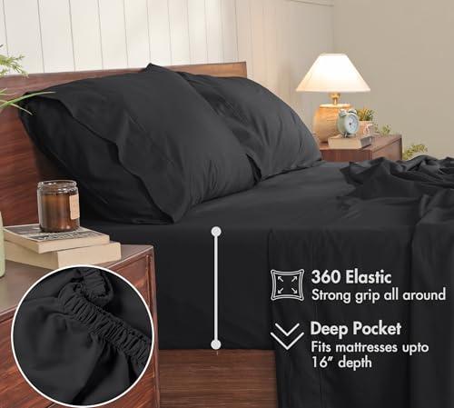 Image of RUVANTI 100% Cotton Percale Sheets Split King Size - Crisp Cooling Bed Sheets for Hot Sleepers, Deep Pocket 16 inch, Soft Breathable & Durable Hotel-Style 5 Piece Set, Jet Black