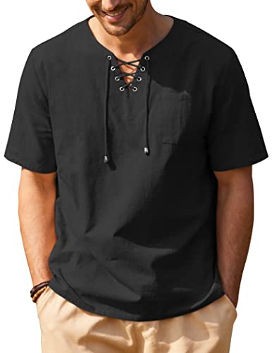 Coofandy Mens Shirt Beach Bohemian Ethnic Cotton Linen Tunic Tops, Black, Large, Short Sleeve #TOP8