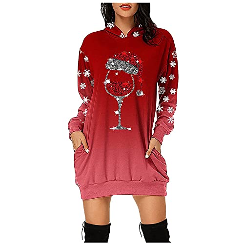 Womens Long Sleeve Hooded Dress with Pocket,Red Wine Glass Print Sweatshirts,Hoodie Mini Dress Girls Pullover Fall Tops