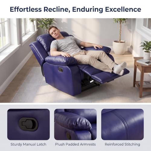 Image of Single Leather Manual Recliner Chair, Oversized Lazy Boy Recliner with Home Theater Seating, Breathable Living Room Reclining Chair for Adults Reading, Gaming, Relax, Dark Blue