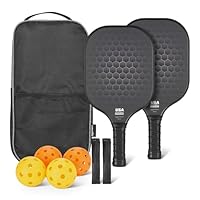 Amazon Basics USAPA-Zertifiziertes Pickleball-Schläger-Set mit 4 Bällen und 2 Griffen, Glasrahmen, Stealth-Schwarz, 2er-Pack