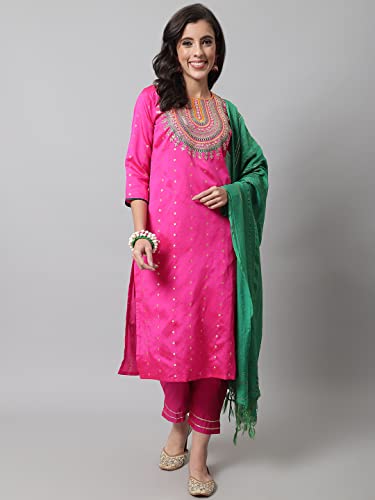 Image of VredeVogel Women's Silk Blend Embroidered Straight Kurta Trouser with Dupatta Set