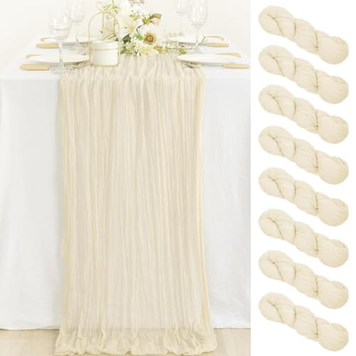 Image of MLMC 8 Pack Beige Cheesecloth Table Runner 10ft Cream Rustic Gauze Cheese Cloth Table Runner 35x120 Inches for Wedding Baby Bridal Shower Boho Home Decor