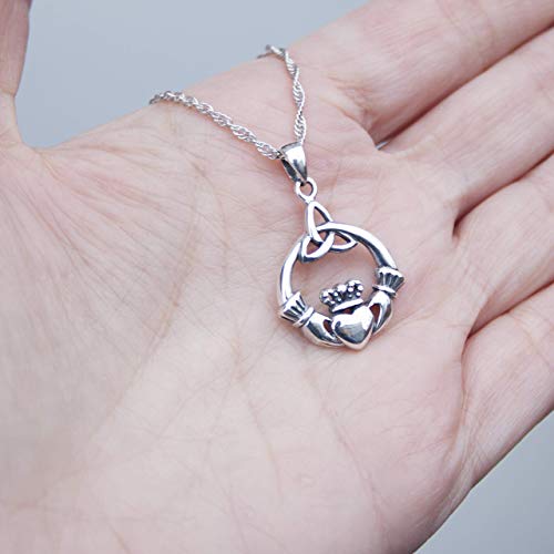 925 Sterling Silver Irish Claddagh Necklace With 20" Inch Chain -Trinity Celtic Knot Pendant - Hands Holding Heart Crown Charm - Endless Love Jewelry For Women Girls - Valentines Day Gifts For Her #TOP7