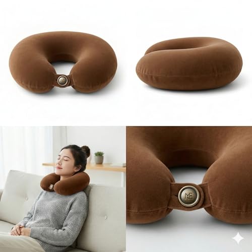 Image of Travel Neck Pillow for Adults, Fiber Filled U-Shaped Neck Support Pillow with Button Closure, Soft Plush Neck Cushion for Airplane, Car, Office & Travel (Brown)