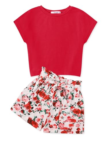 Image of Arshiner Girls 2 Piece Outfit Summer Drop Shoulder Batwing Sleeve Tops and Paperbag Waist Shorts Set Cute Clothing Size 6-14
