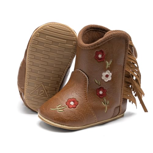 Image of Meckior Baby Girls Cowboy Tassel Boots Side Zipper Moccasins Soft Bottom Non-Slip Toddler Shoe