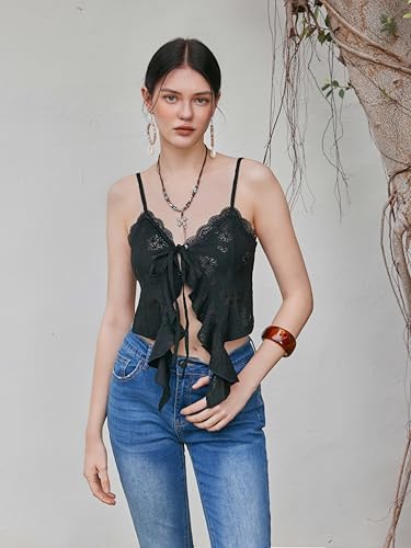 Image of CIDER Going Out Tops for Women Y2K Tie Front Lace Cowgirl Crop Tops | Asymmetrical Ruffle Hem, Spaghetti Strap, Country Concert, Western, Summer Outfits
