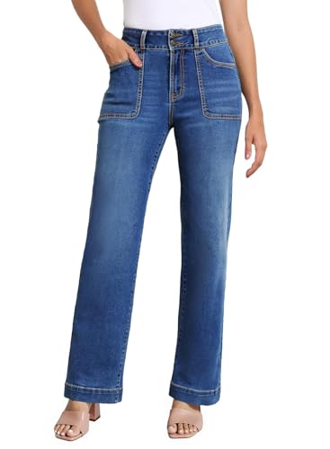 Sidefeel Women's Straight Leg Jeans High Waisted Stretchy Tummy Control Wide Leg Denim Pants Fall Outfits3