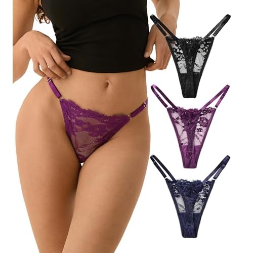 SHARICCA Lace G-String Thongs for Women Adjustable Sexy Low Rise Underwear Breathable T-back Thongs Panties 3 Pack X-Small Black/Deep Purple/Navy
