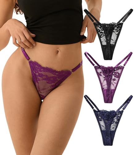 Image of SHARICCA Lace G-String Thongs for Women Adjustable Sexy Low Rise Underwear Breathable T-back Thongs Panties 3 Pack
