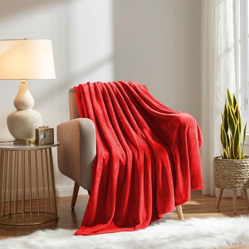 KMUSET Super Soft Throw Blanket Premium Silky Flannel Fleece Twin Red Microfiber Lightweight Blanket All Season Use