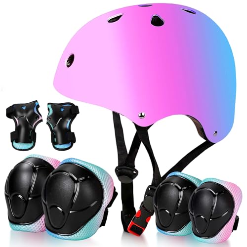 Image of Kids Bike Helmet Set Adjustable for Children, Boys, Girls and Teenagers Aged 3-14 Years Includes Elbow, Knee, Wrist Guards Children's Helmet Protection Set for Bikes SkateboardsRollerskates