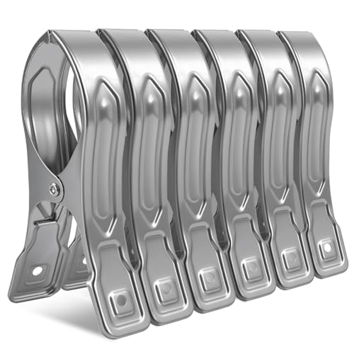 Vicloon 6 Stück Edelstahl Strandtuch Clips Große Wäscheklammern, Wäscheklammern Groß Edelstahl für Tägliche Wäsche, Strandtuch, Badetuch, Bettwäsche und Dicke Kleidung (6 Pcs)