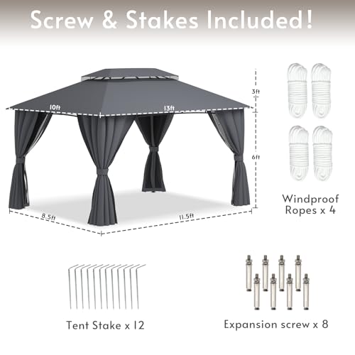 HROOAREM Outdoor Gazebo 10x13 with Double Roof, Patio Gazebo with Netting & Curtain Included. Trapezoidal Support System for Enhanced Stability, Perfect for Patio, Deck, Backyard - Image 9