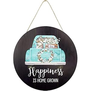 AuldHome Design Rustic Sign Happiness is Home Grown Round Wood Farmhouse Style Wall Plaque wOld Truck and Spring Flowers