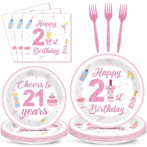96PCS 21st Champagne Bottle Birthday Decorations Happy 21st Pink Champagne Tableware Set Cheers to 21 Years Paper Plates Napkins for Girls Martini Theme Twenty-One Party Supplies Serve 24 Guests