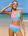 Teen Swimsuits for Girls 12-14 V Neck Adjustable Straps Blue Pink Color Block Bikini Set with Cover Up Skirts 3Pcs Teen Bathing Suits for Girl 12-14