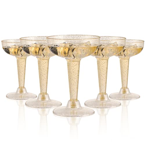 Pulote 50 Pack Plastic Champagne Flutes-Gold Glitter Plastic Champagne Glasses 4.5 Oz-Plastic Champagne Glasses For Wedding&Party- Plastic Champagne Coupe-Plastic Cocktail Glasses For Home&Daily Life #TOP15